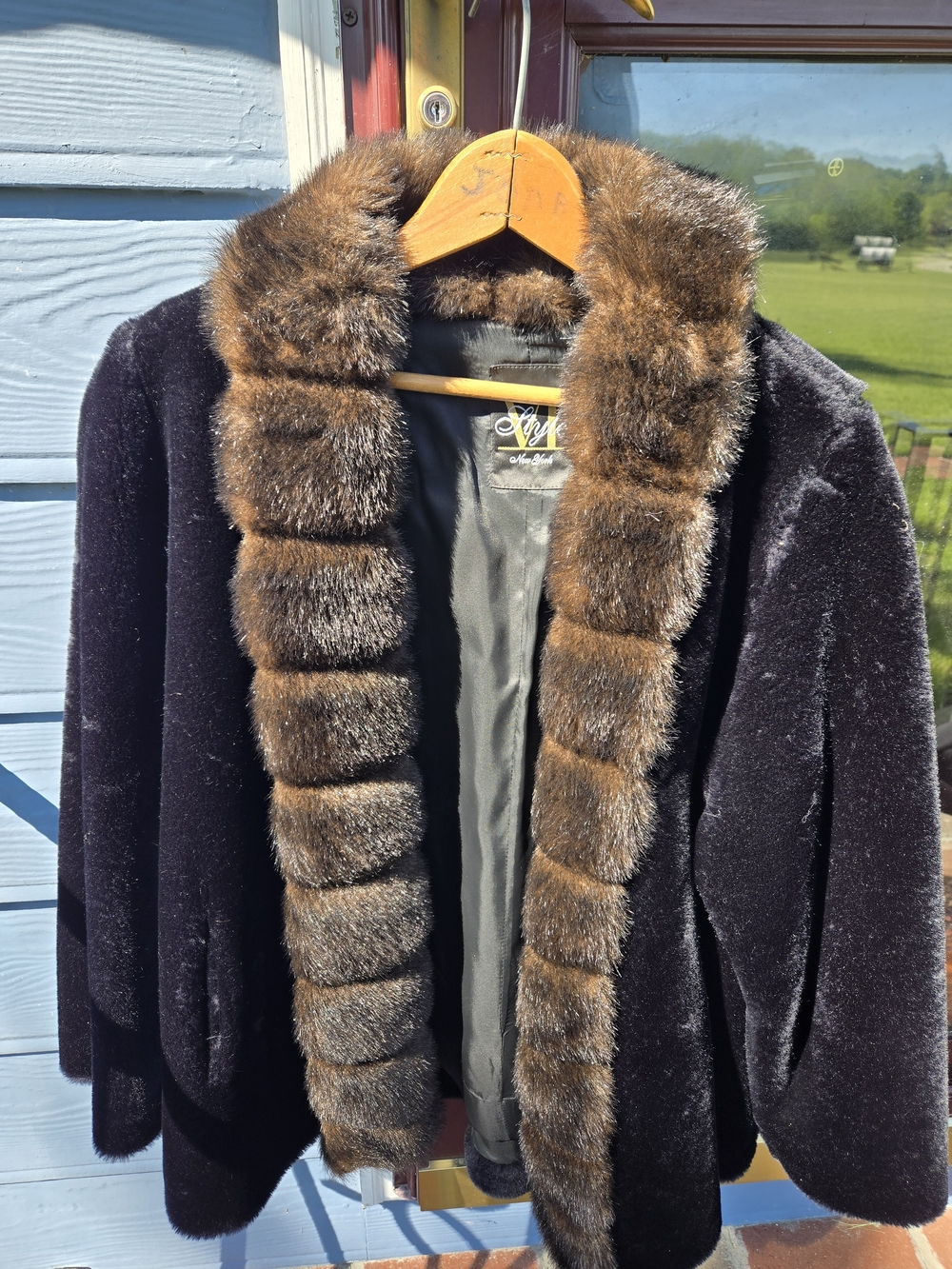 Vintage Faux Black Velvet Jacket with Brown Faux Fur Trim